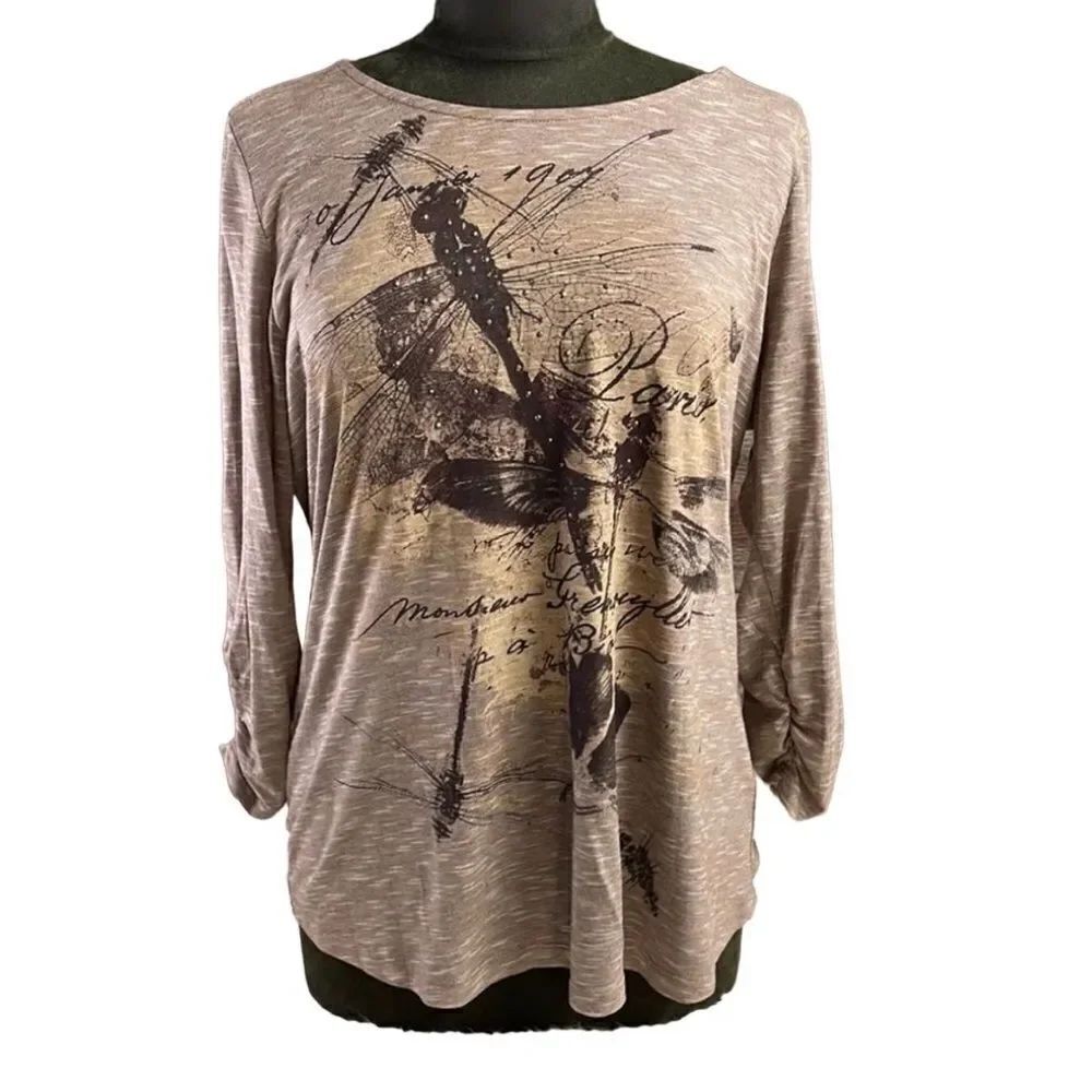 Kim Rogers Ladies 3/4 Sleeve Pullover Top Embellished Butterfly Print Brown Sz L